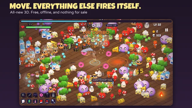 Chef Survivor gameplay in 3D in the Smokehouse Ranch: a chef surrounded by hundreds of food monsters in an isometric kitchen, damage numbers everywhere and a combo counter