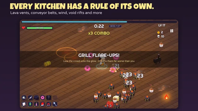 A kitchen hazard in Chef Survivor: the banner “Grill Flare-Ups! Lure the crowd onto the glow” over two glowing vents in the Smokehouse Ranch