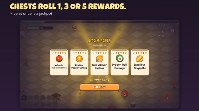 A treasure chest in Chef Survivor opening as a jackpot: five rewards in a row — Volcanic Tomato Cannon, Dragon Pepper Gatling, Twin Cleaver Cyclone, Dragon Roll Barrage and Excalibur Baguette — and +999 coins