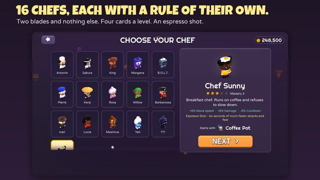 Chef select screen in Chef Survivor with Chef Sunny highlighted: starts with the Coffee Pot, Espresso Shot ability, +6% move speed, +8% damage and −8% cooldown