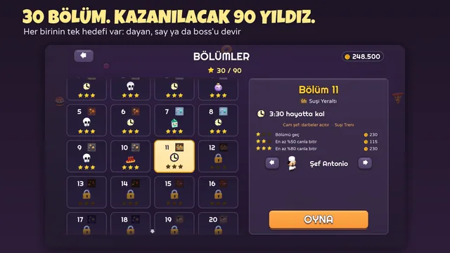 Chef Survivor bölümler ekranı: yıldızlarıyla numaralı bölümler ve seçili Bölüm 11 — Suşi Yeraltı'nda 3:30 hayatta kal — kuralları, yıldız ödülleri ve oynanacak şefle