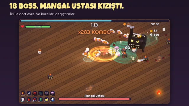 Chef Survivor'da Mangal Ustası boss savaşı: ağzı ateş kutusu olan 3D bir varil mangal ve can çubuğu